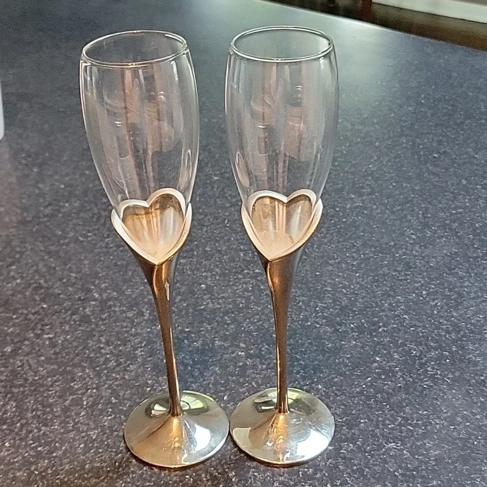 2 LENOX Crystal Champagne Flute Wedding Anniversary Silverplate Stems Heart Vtg